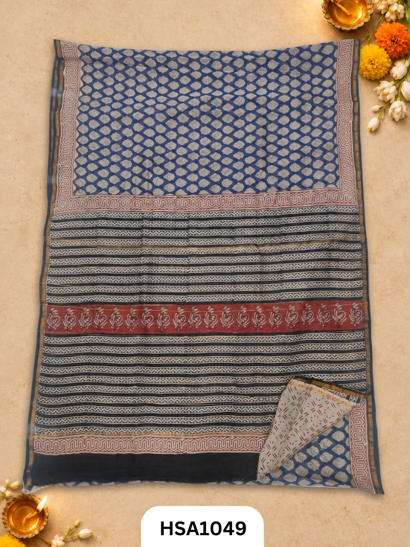 Pure Hand Block Printed Chanderi Silk Saree With Printed Blouse
