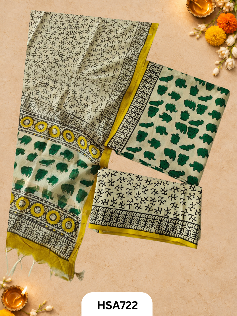 HandBlock Printed Chanderi Silk Dupatta With Cotton Suits -Top 2.5M Duptta 2.5M