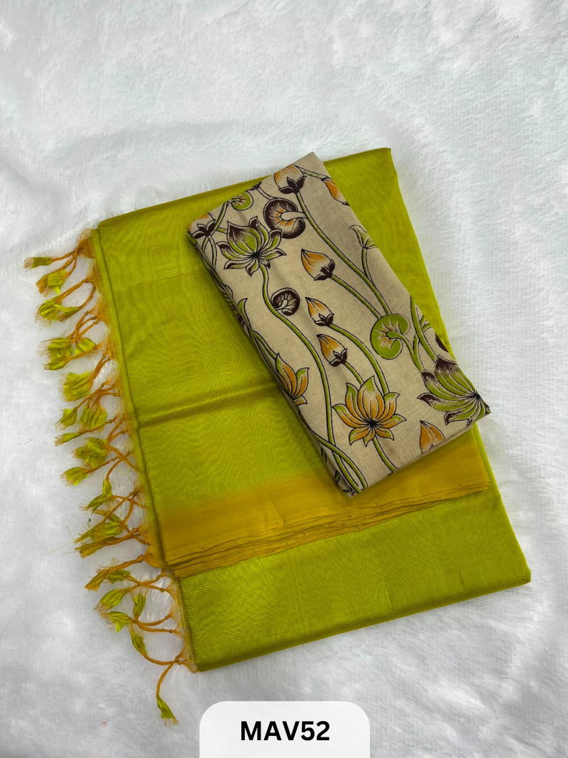 MANGALAGIRI PATTU SAREE WITH KALAMKARI BLOUSE (1 METER)
