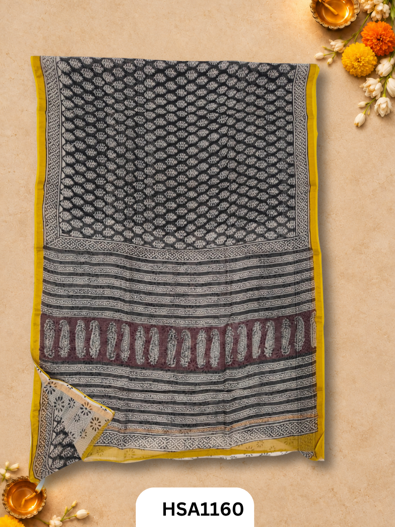 Hand Block Printed Kota Doriya Saree with Blouse