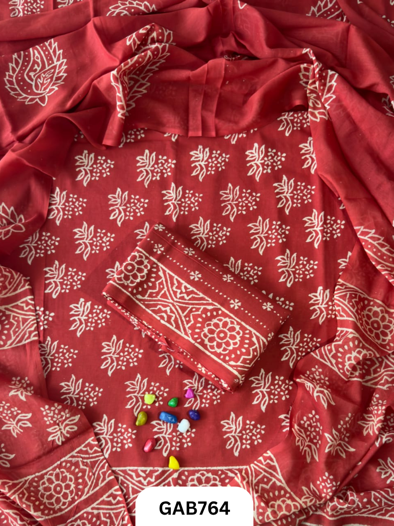 Handblock Cotton Suits With Mulmul Cotton Dupatta | Top 2.5 Mtr Dupatta 2.5 Mtr