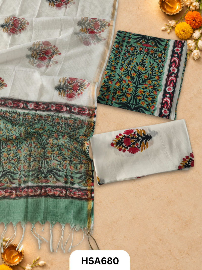 Handblock Printed Kota Doriya Dupatta With Cotton Suits Top 2.5mtr Dupatta 2.5mtr