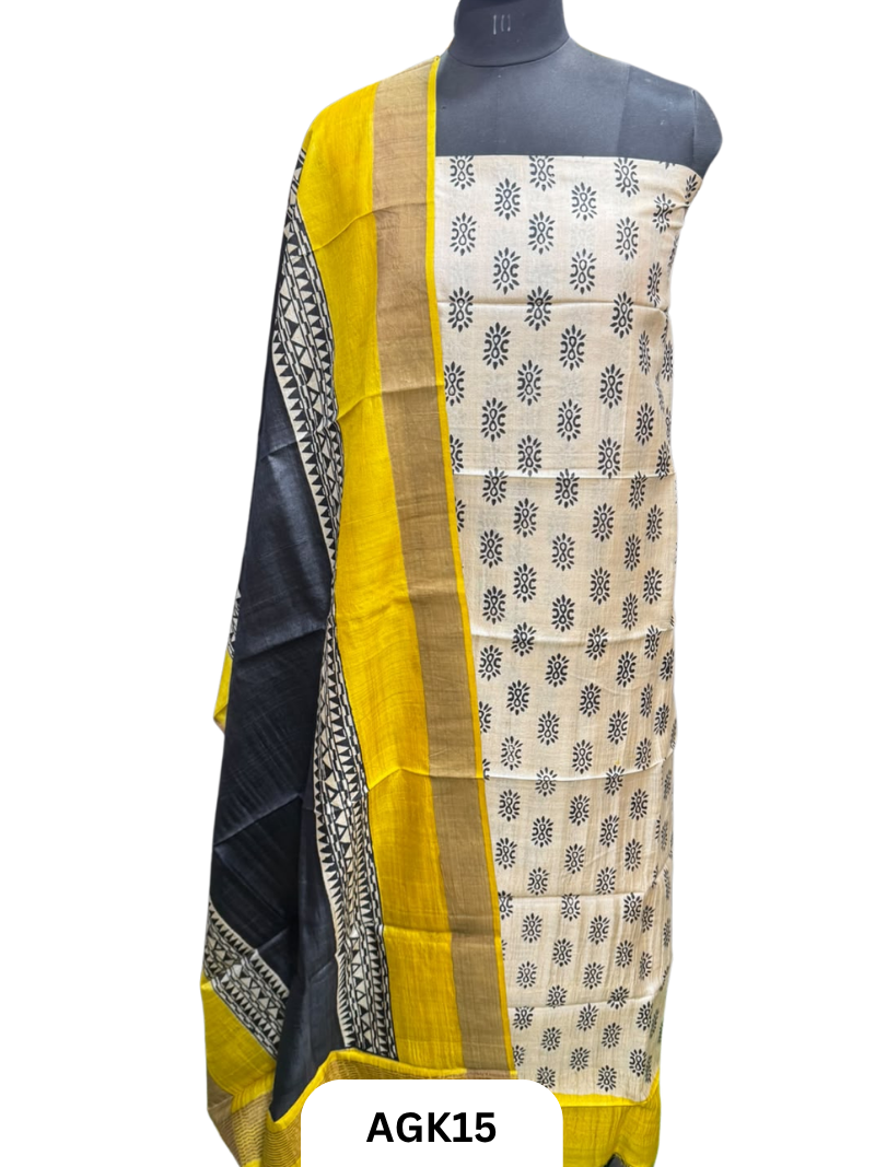 Silk Mark Certified Tussar Salwar Set with Hand Block Print