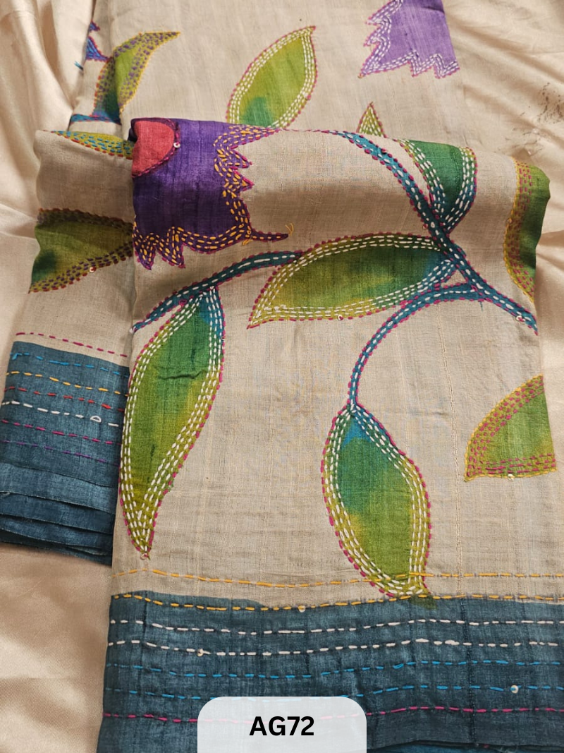 PURE GACHI TUSSAR WITH SPECIAL HAND PAINT| HAND KANTHA STITCH | SILK MARK