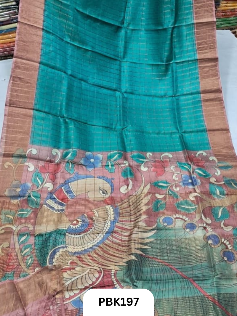 Pure Tussar Silk Saree with Checked design Plain Body with Kalamkari Design in Pallu
