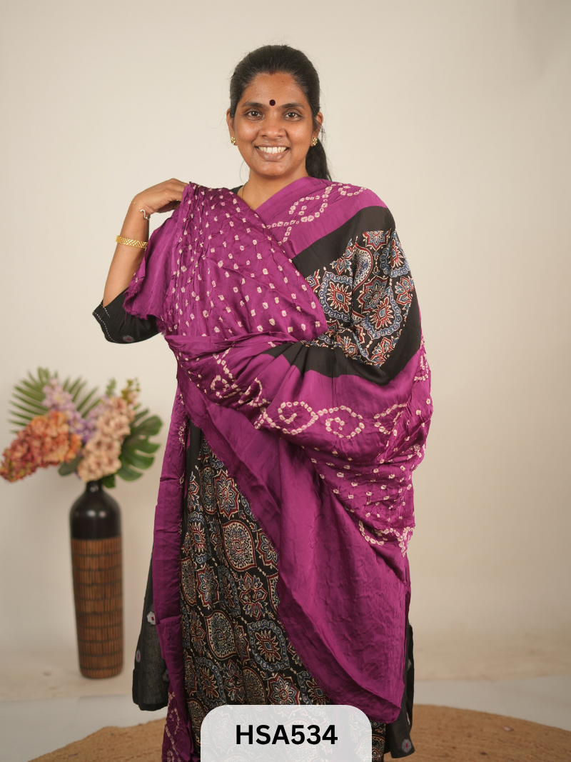 MODAL AJRAKH WITH BANDHINI SAREE