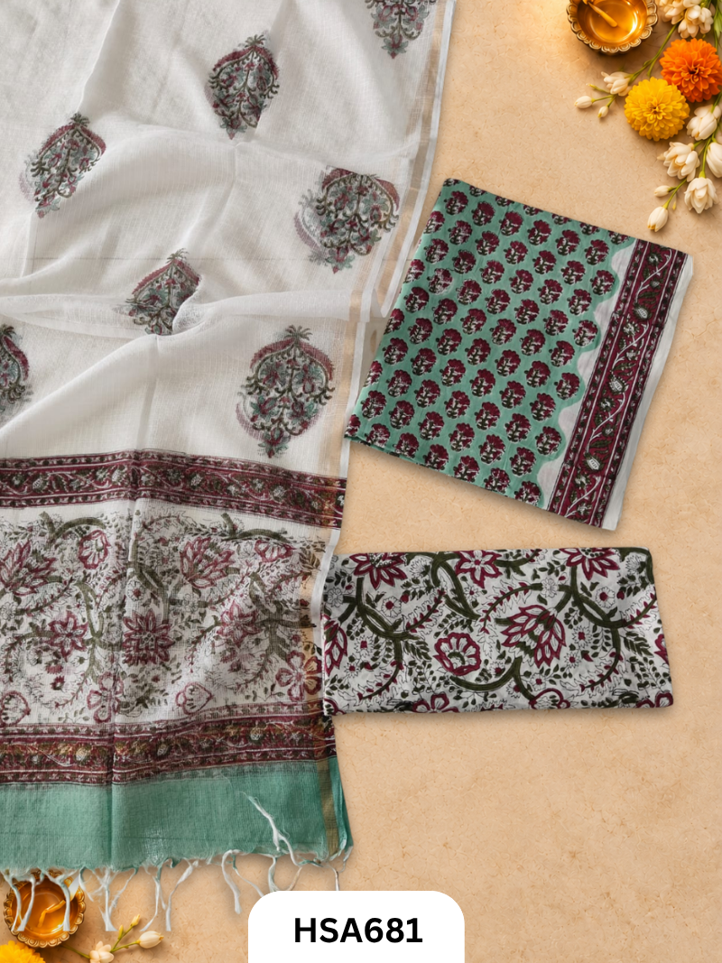 Handblock Printed Kota Doriya Dupatta With Cotton Suits Top 2.5mtr Dupatta 2.5mtr