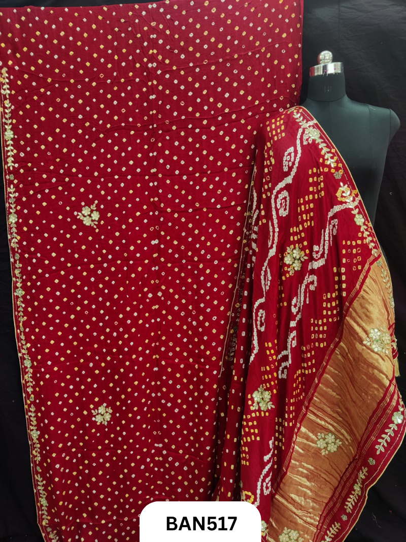 Semi gaji silk tissue pallu dani bandhej saree with khatli handwork