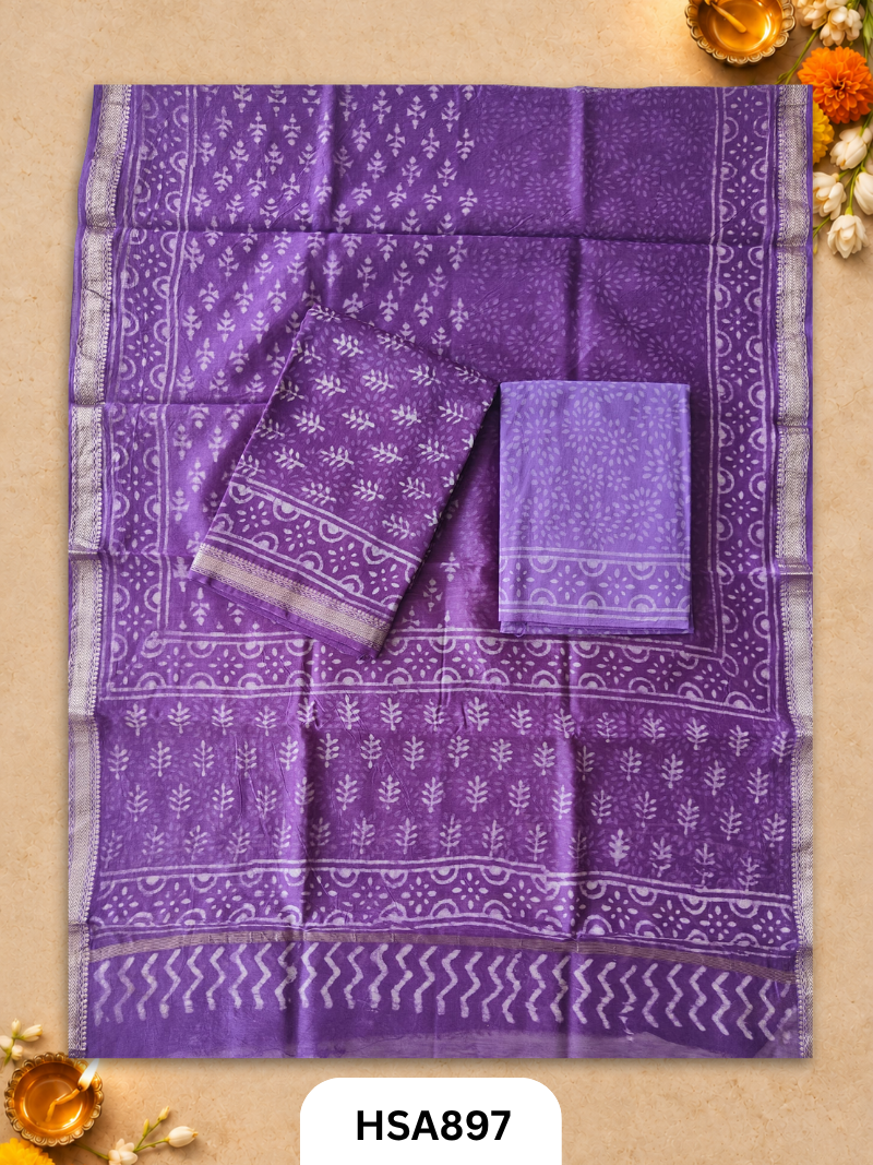 HandBlock Printed Maheshwari Silk Zari Border Top & dupttas 2.5 Mtrs | Bottom cotton 2.50 mtrs