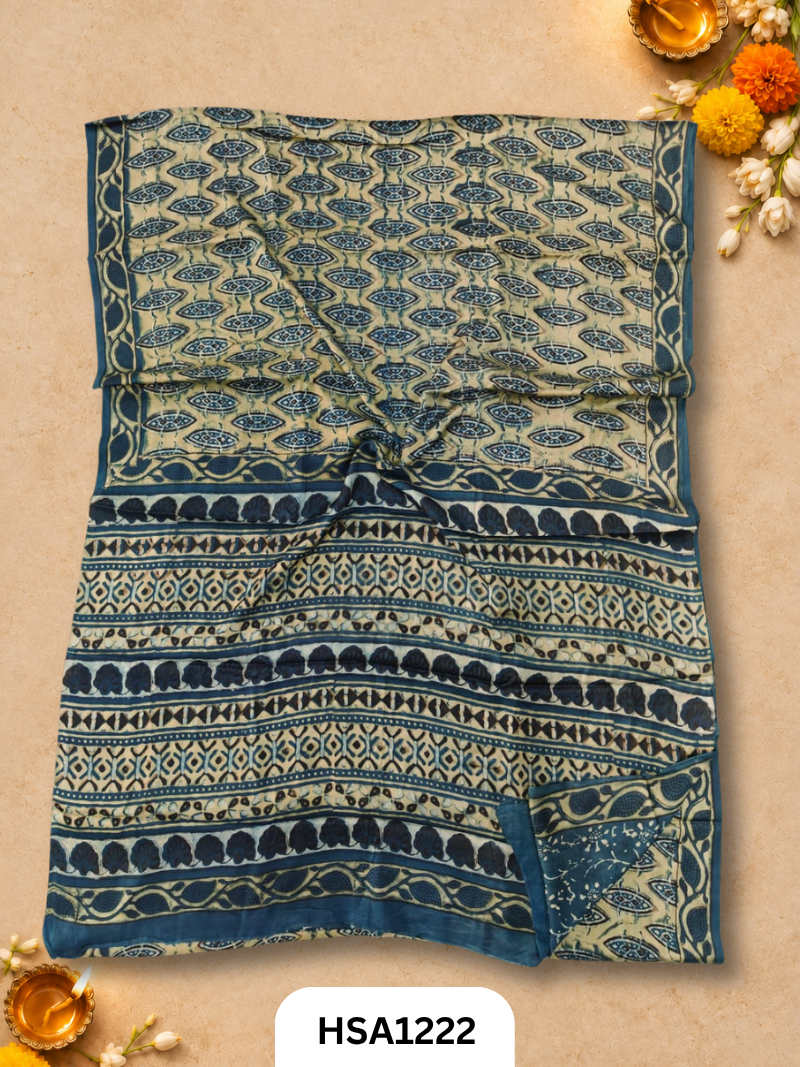 Hand Block Print Ajarkh Vanaspati Modal Silk Saree with blouse