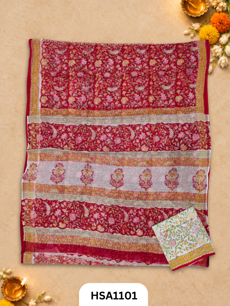 Hand Block Printed Traditional Designs & Multi Colour Combinations Kota Doria Sarees
