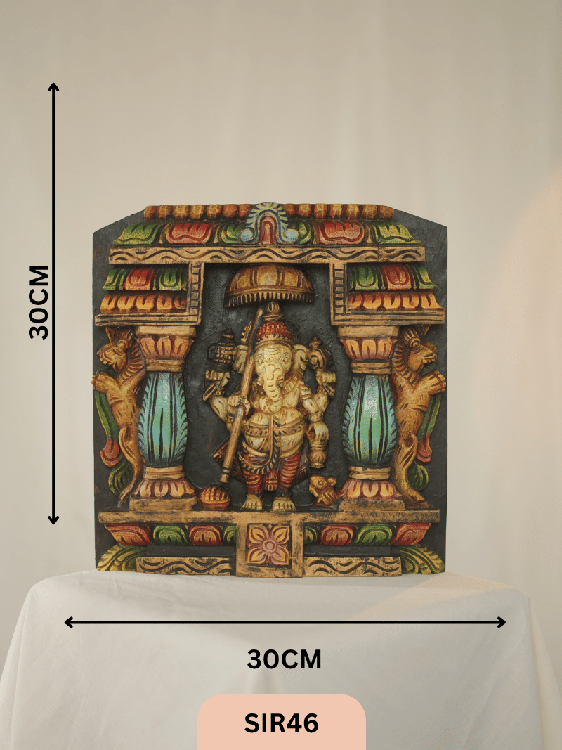 WOODEN LORD VINAYAGAR WITH UMBRELLA WALL FRAME - Height 12" INCH, WIDTH 12"INCH