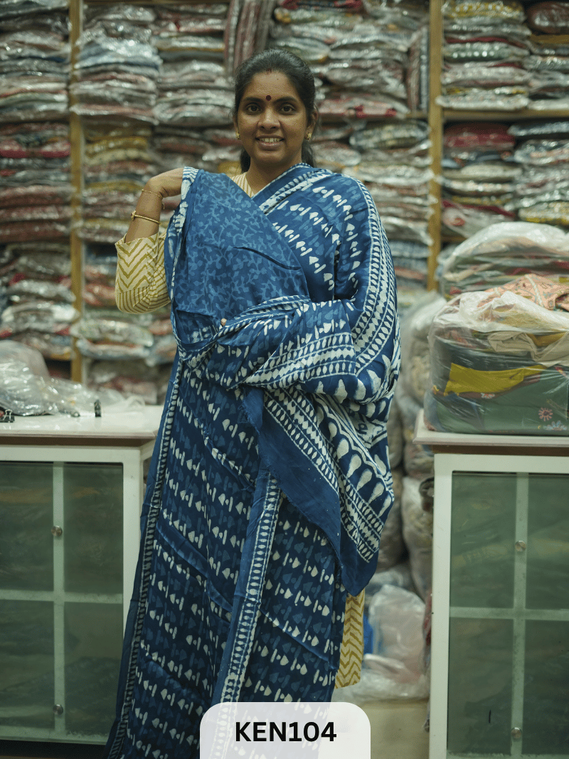 MODAL INDIGO DABU HANDBLOCK PRINT SAREE - NATURAL PROCESS