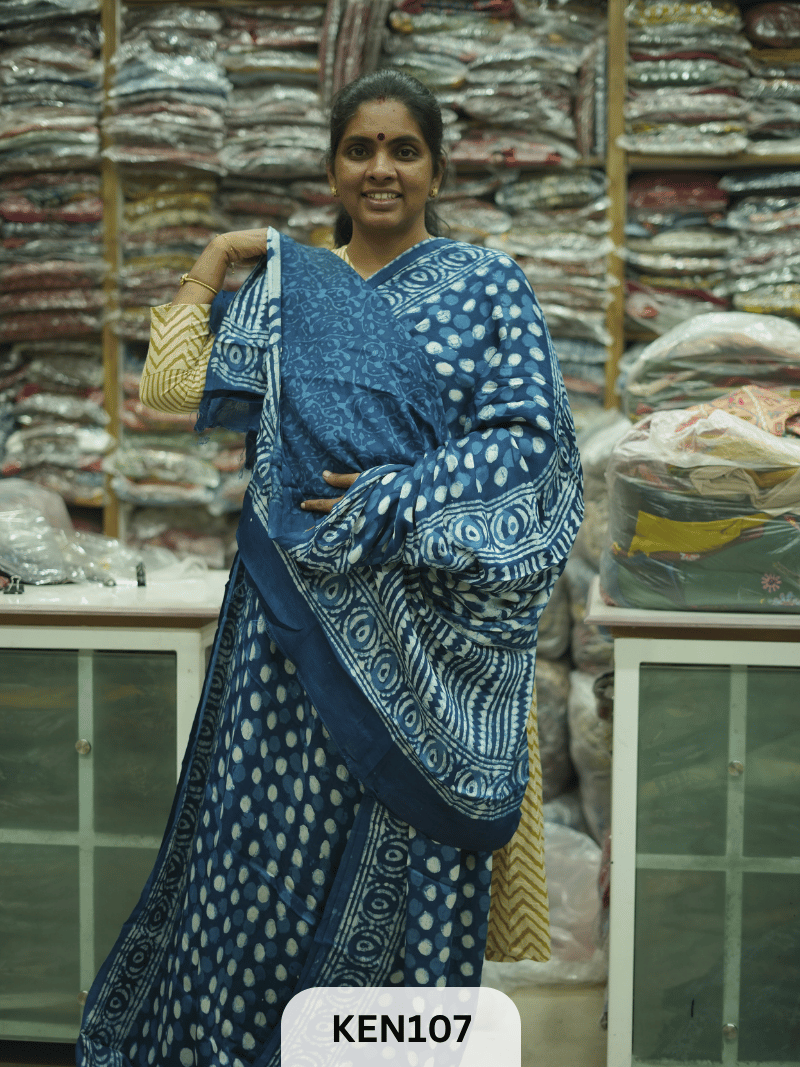 MODAL INDIGO DABU HANDBLOCK PRINT SAREE - NATURAL PROCESS