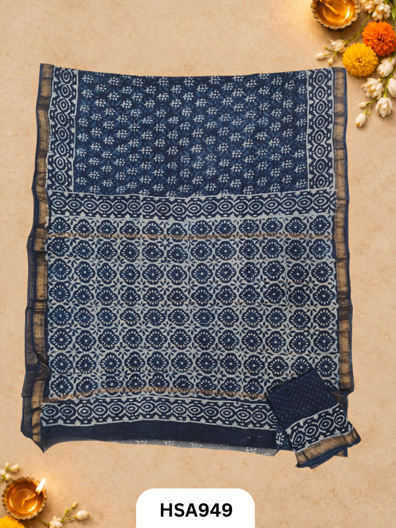 Pure Maheswari Silk Cotton - Handblock Print Saree With Blouse