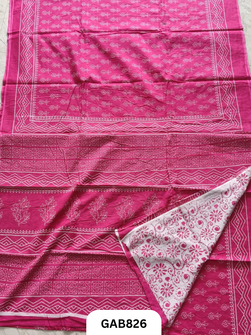 Bagru Block Print Cotton Mulmul Sarees With Running Blouse