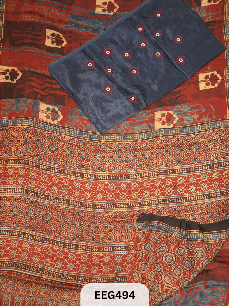 AJRAKH MODAL SAREE WITH KUTCHI HANDWORK BLOUSE PIECE EXTRA