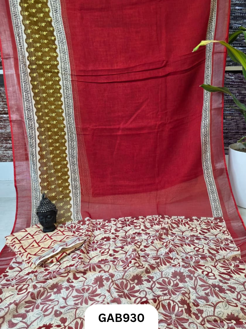Bagru Handblock Print Linen Saree With Attached Blouse