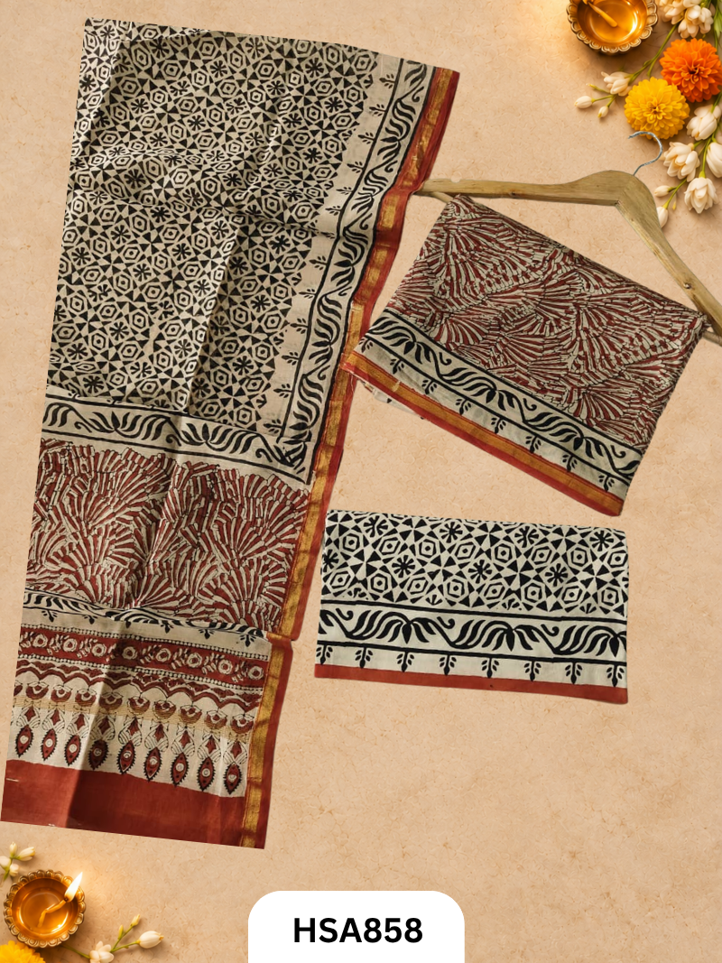 HandBlock Printed Chanderi Silk Cotton Suits -Top 2.5M Duptta 2.5M