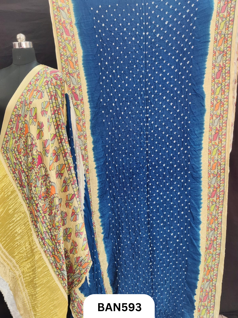 Semi Gaji ts kalamkari digital print pallu, blouse and border with bandhej saree