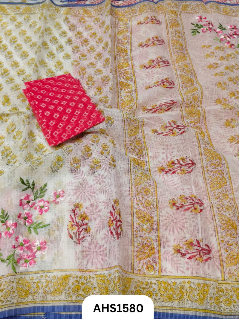 Kota Cotton Embroidery + Printed Saree