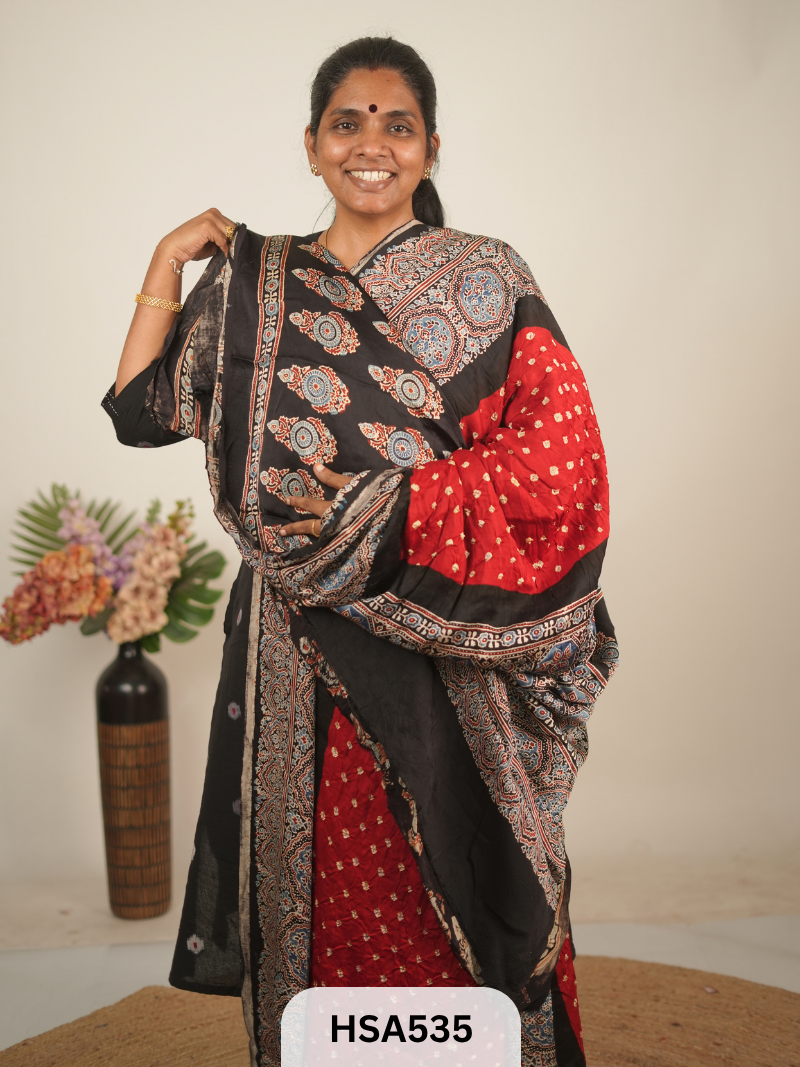 MODAL AJRAKH WITH BANDHINI SAREE