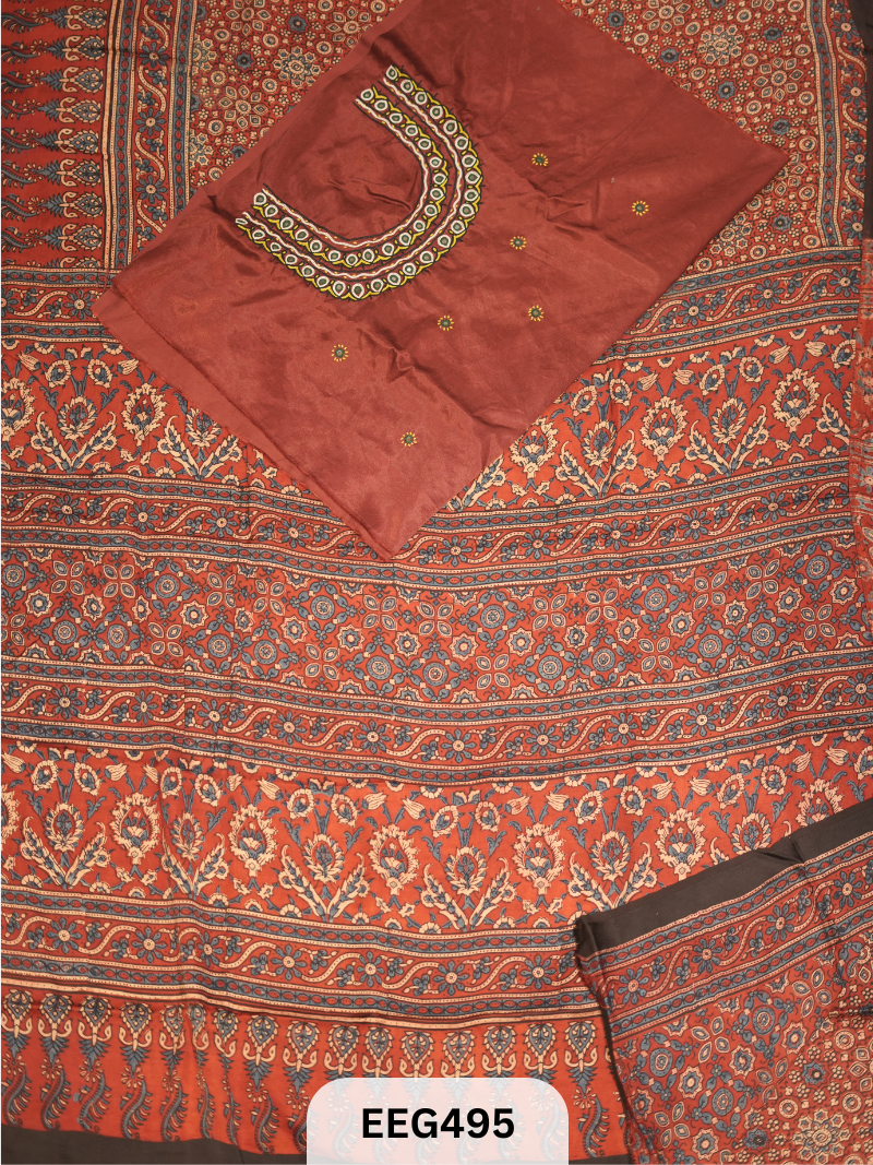 AJRAKH MODAL SAREE WITH KUTCHI HANDWORK BLOUSE PIECE EXTRA