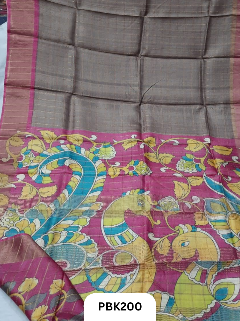 Pure Tussar Silk Saree with Checked design Plain Body with Kalamkari Design in Pallu