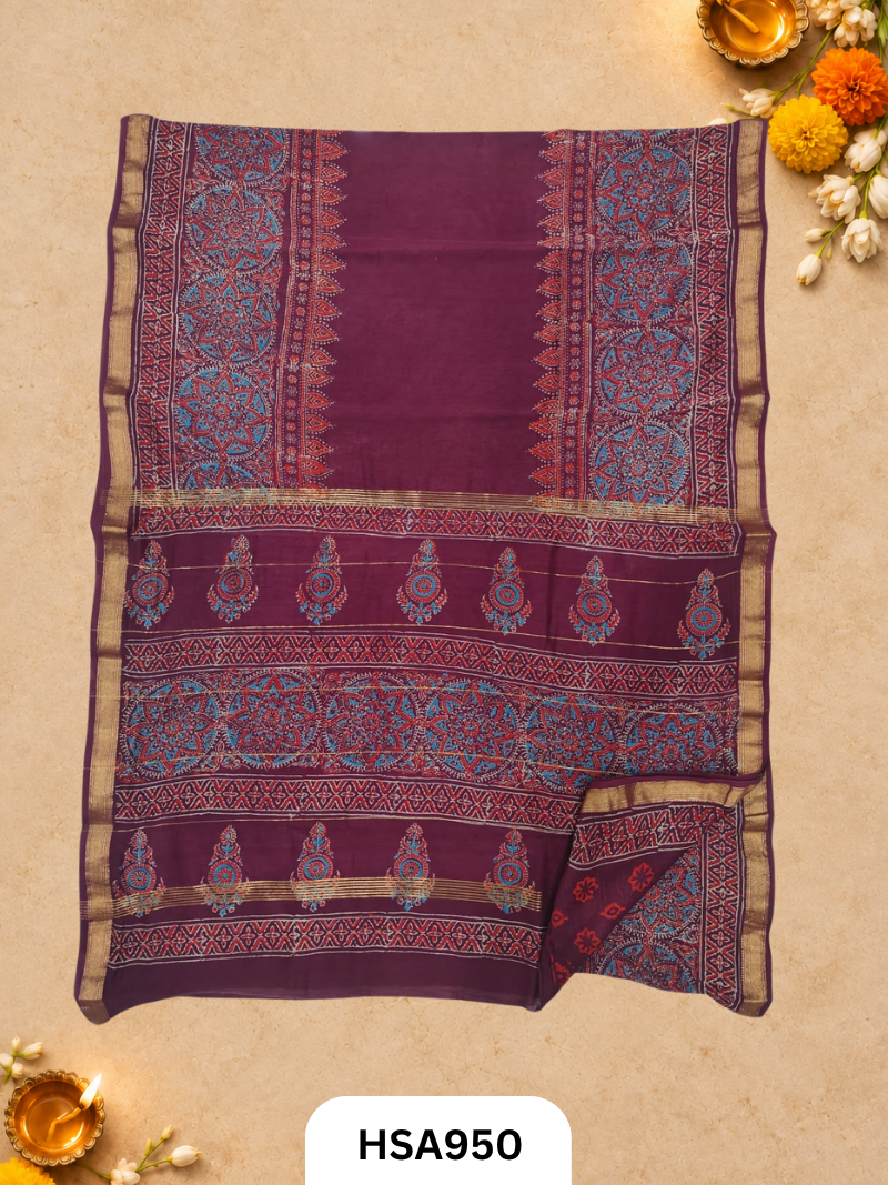 Pure Maheswari Silk Cotton - Handblock Print Saree With Blouse