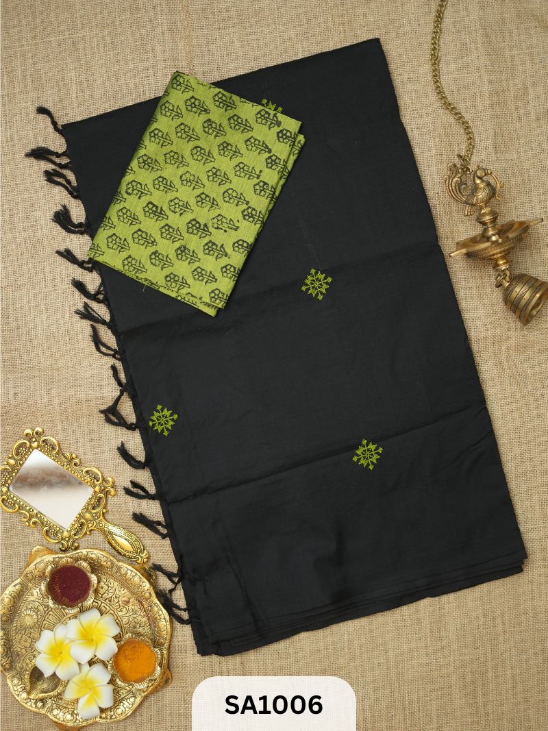 SILK COTTON EMBROIDERY HANDBLOCK SAREE