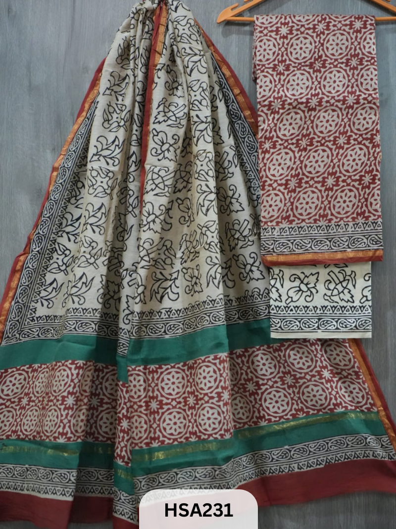 CHANDERI SILK HAND BLOCK PRINTED SUIT | 3 PCS