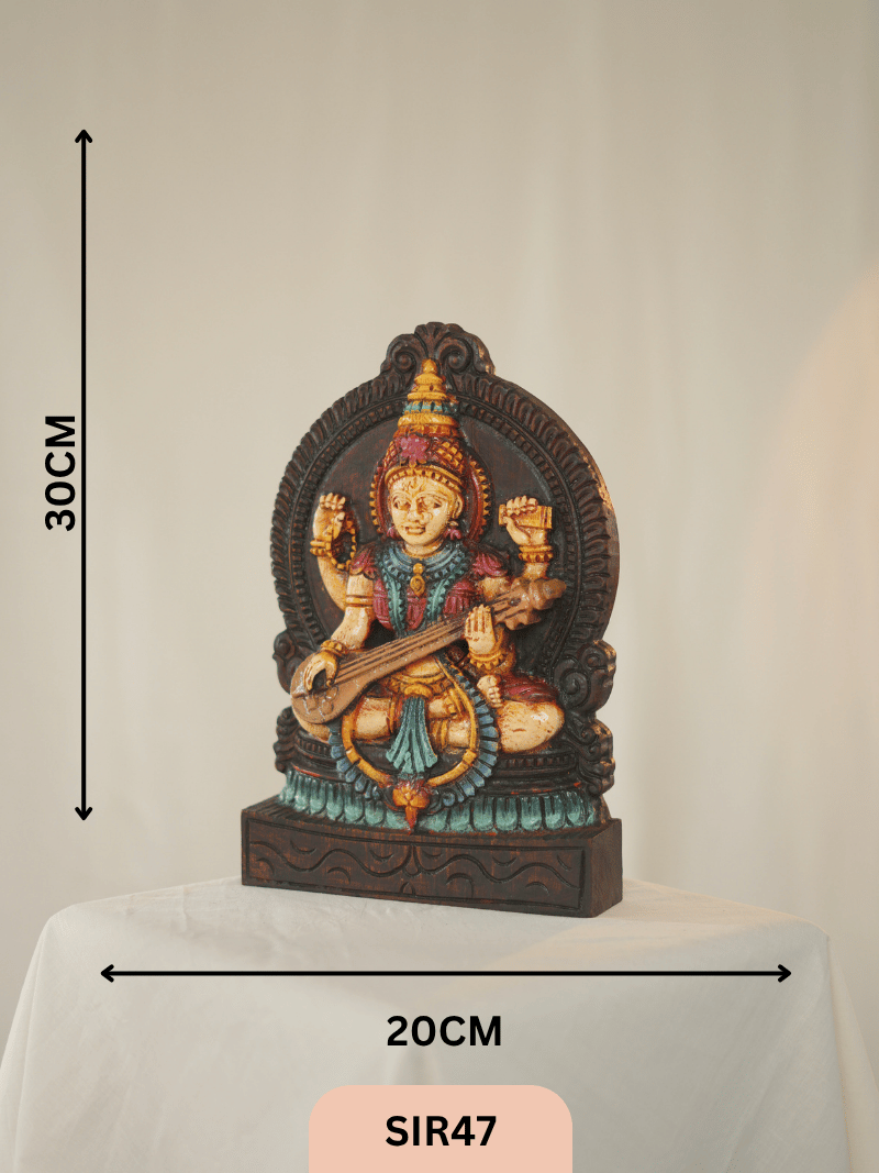 WOODEN GODDESS SARASWATHI STATUE - Height 12" INCH, WIDTH 8"INCH