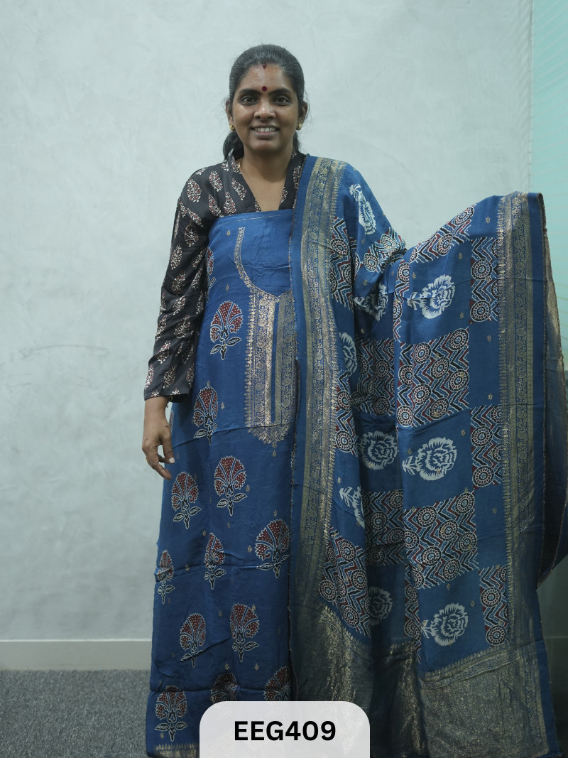 AJRAKH DOLA SILK 2 PCS-UNSTITCHED ( TOP 3.5MTR AND DUPPATA 2.25MTR ) - IMMEDIEATE DISPATCH