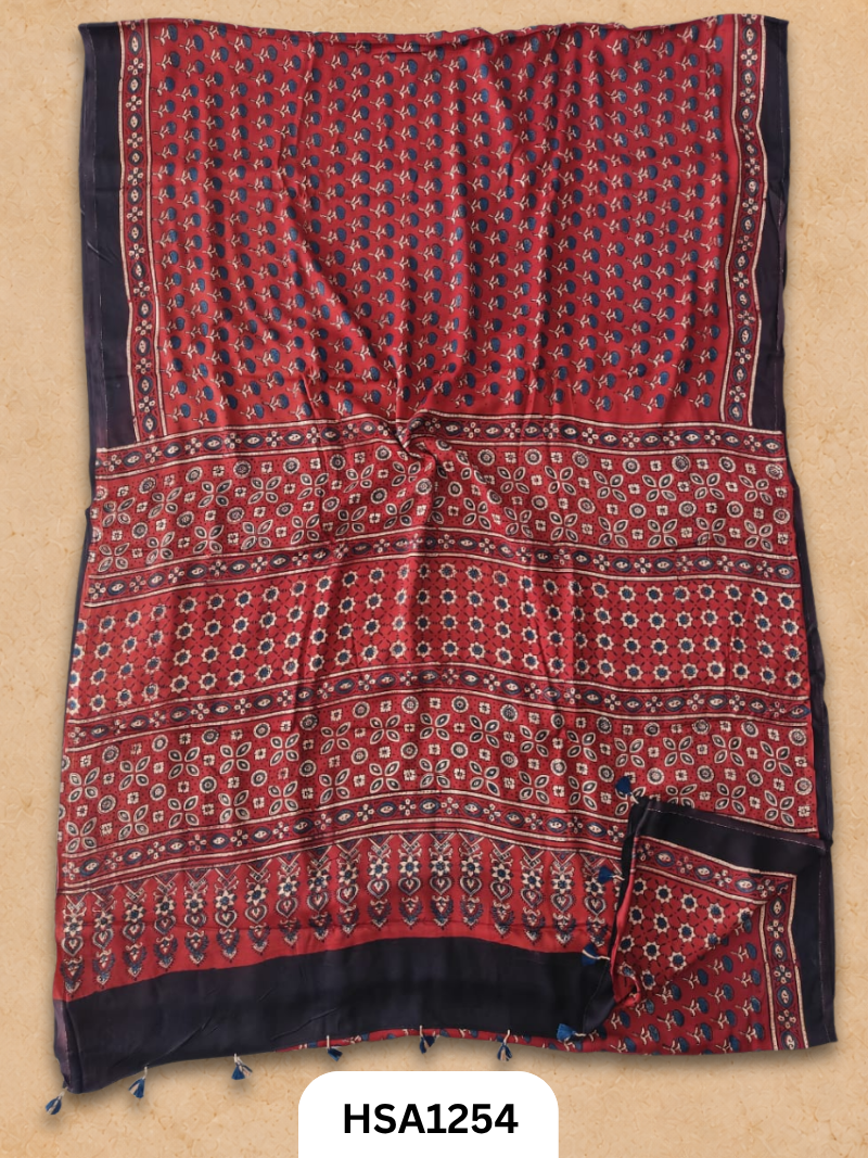 Natural Dye Vegetable Hand Block Print Ajrakh Print Pure Modal Silk Saree