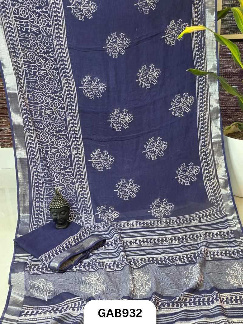 Bagru Handblock Print Linen Saree With Attached Blouse