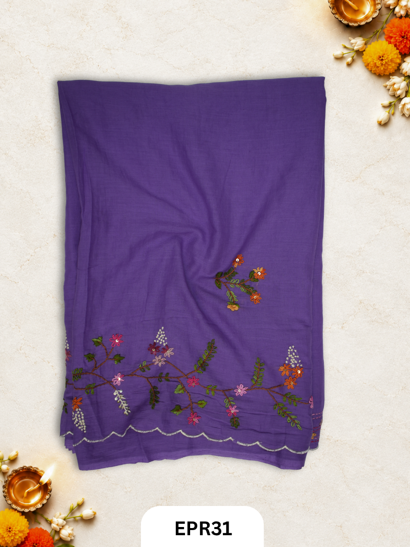 Mul Chanderi Sclaping Embroidery Saree