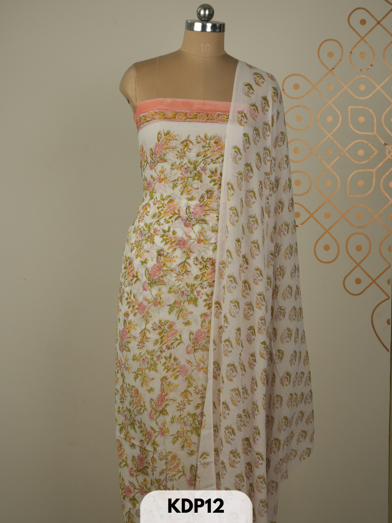Chiffon double dimention handblock print 3 pcs salwar set