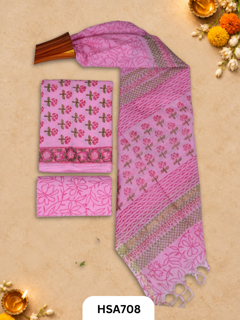 HandBlock Printed Chanderi Silk Dupatta With Cotton Suits -Top 2.5M Duptta 2.5M