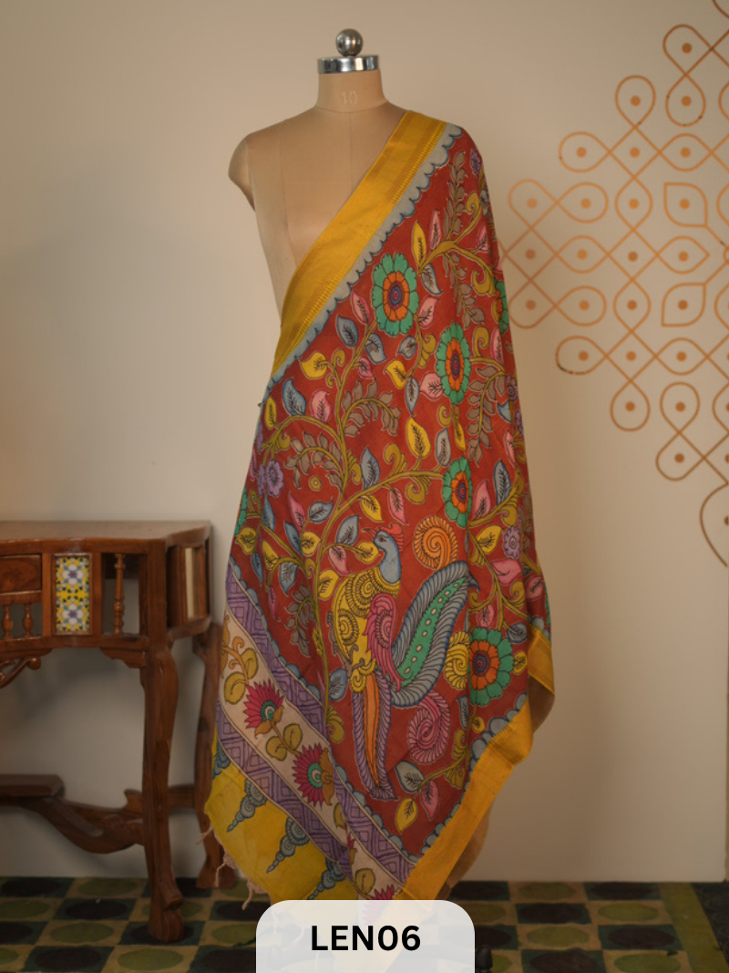PURE PENKALAMKARI CHENNURI SILK DUPPATA
