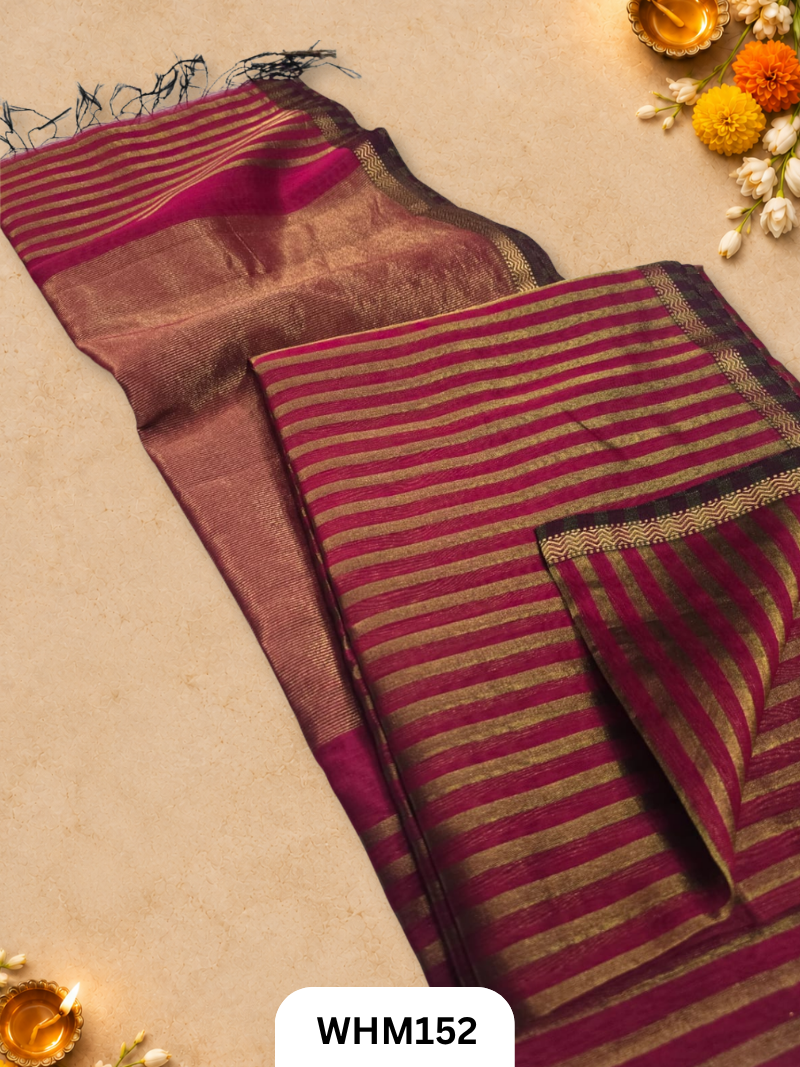 Pure Maheshwari Handloom Small Border Zari Strips Saree