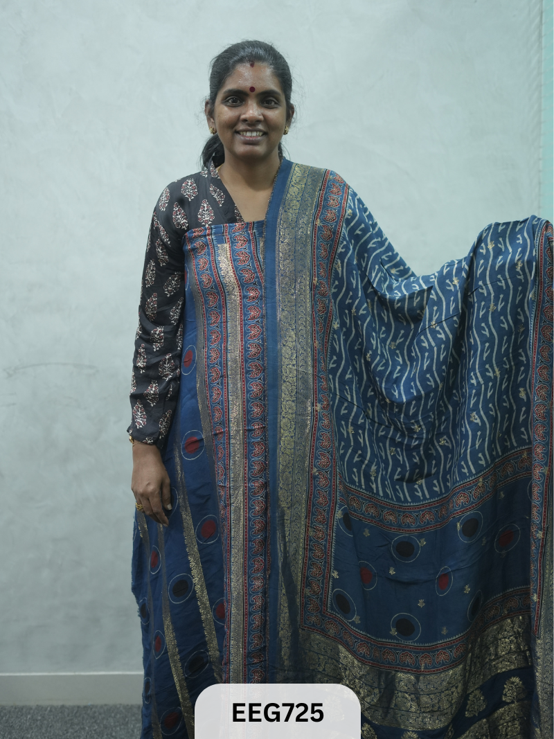 AJRAKH DOLA SILK 2 PCS-UNSTITCHED ( TOP 3.5MTR AND DUPPATA 2.25MTR ) - IMMEDIEATE DISPATCH