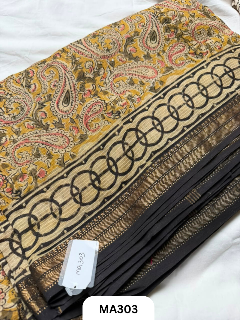 Pure Maheswari Silk Cotton Kalamakri Handblock - Natural Dye