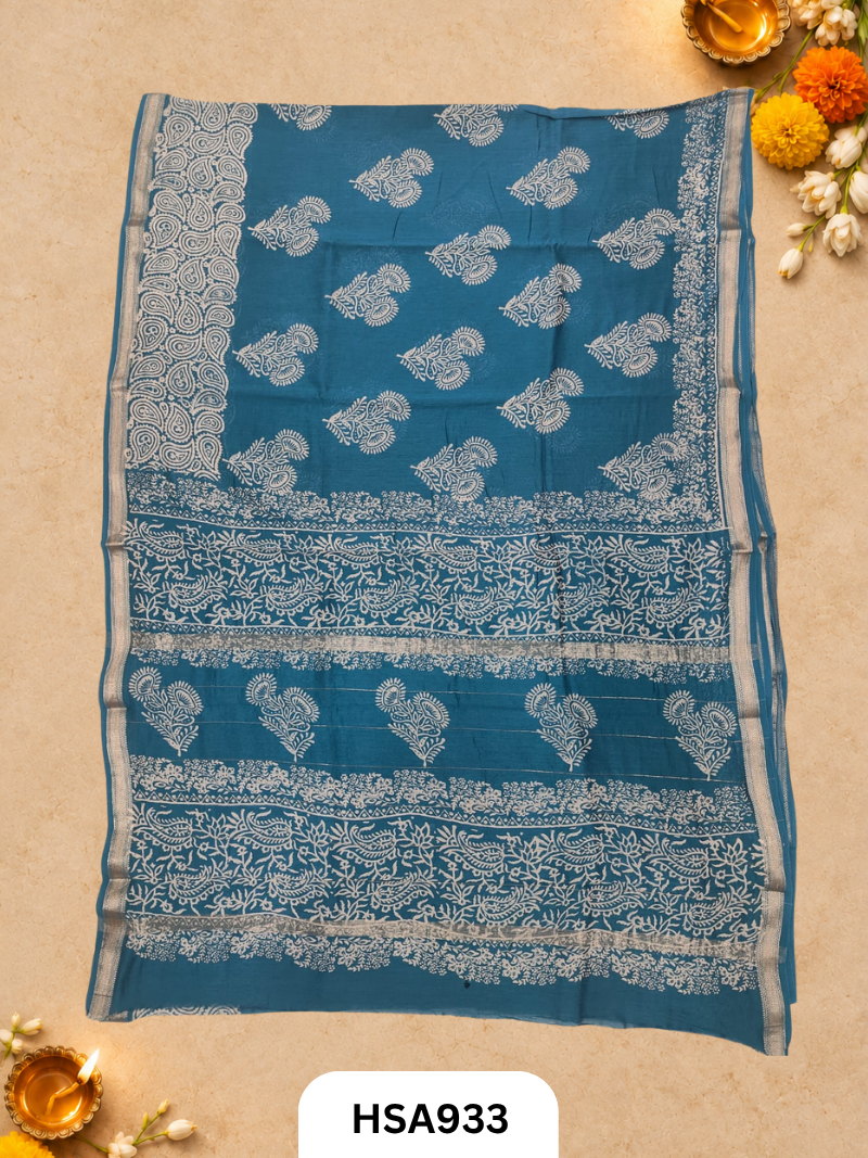 Pure Maheswari Silk Cotton - Handblock Print Saree With Blouse
