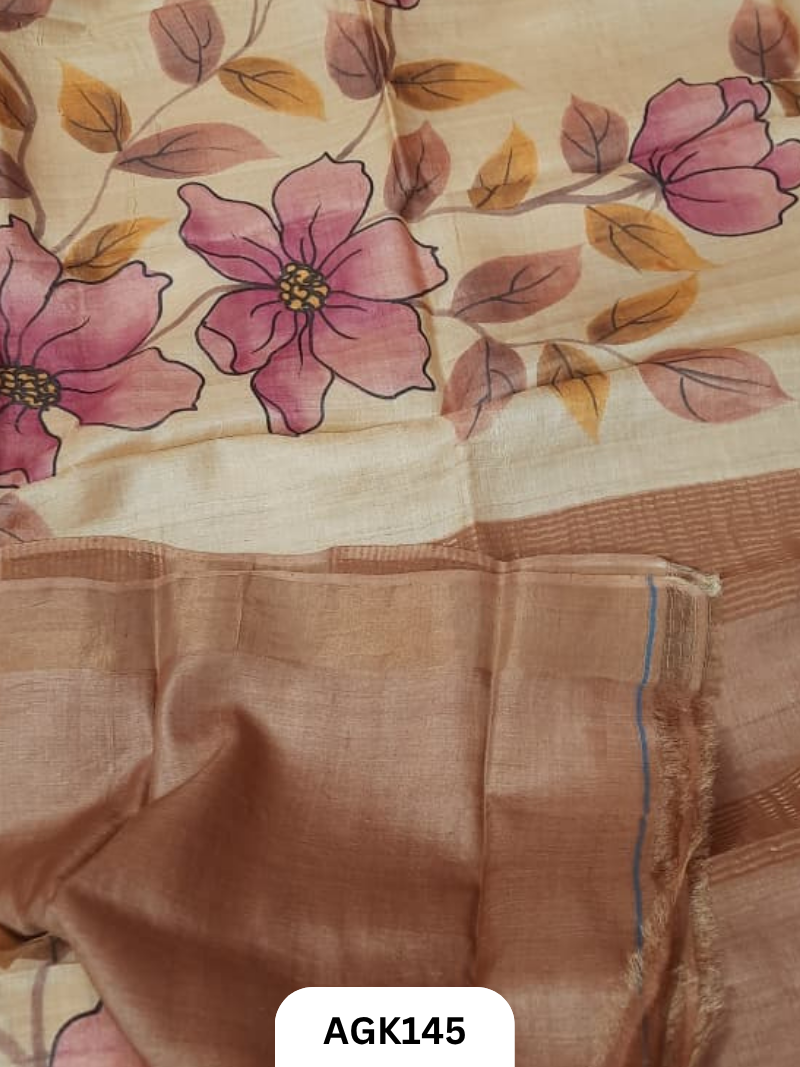 Premium Zari Border Tussar Hand-Painted Saree – Silk Mark Certified