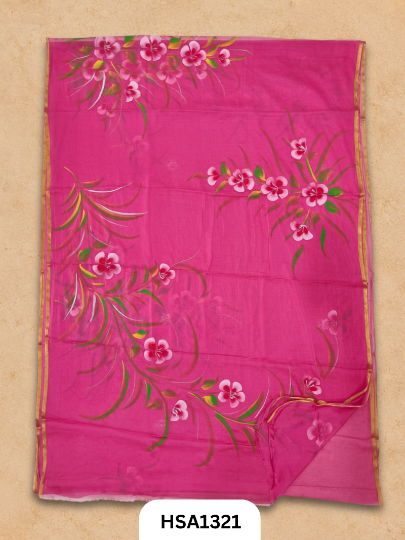 Chiffon Zari Border Saree - Hand Brush Painted