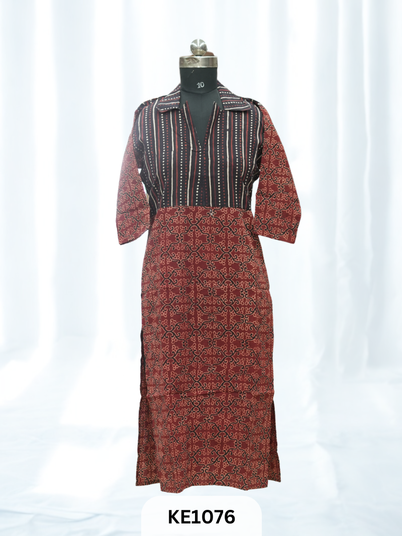 PURE VEGETABLE PRINT COLLAR KURTI - STRAIGHT LONG