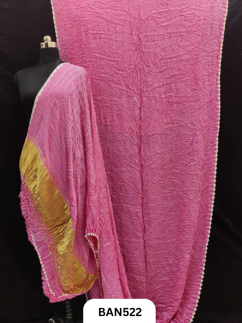 Semi gaji silk tissue pallu zig zag design bandhej saree