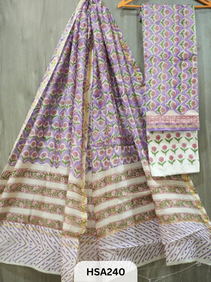 CHANDERI SILK HAND BLOCK PRINTED SUIT | 3 PCS