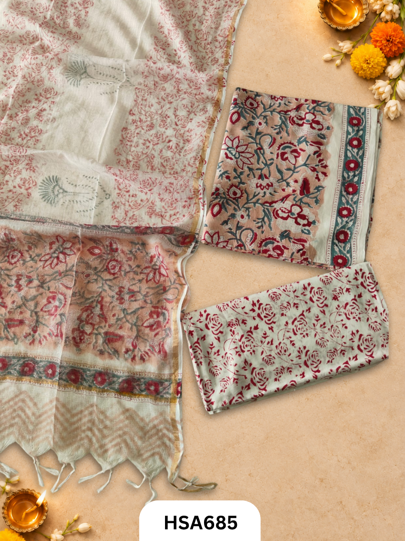 Handblock Printed Kota Doriya Dupatta With Cotton Suits Top 2.5mtr Dupatta 2.5mtr