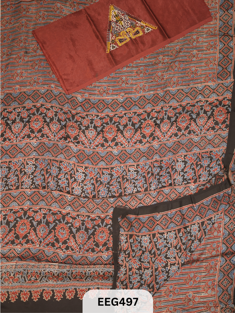 AJRAKH MODAL SAREE WITH KUTCHI HANDWORK BLOUSE PIECE EXTRA